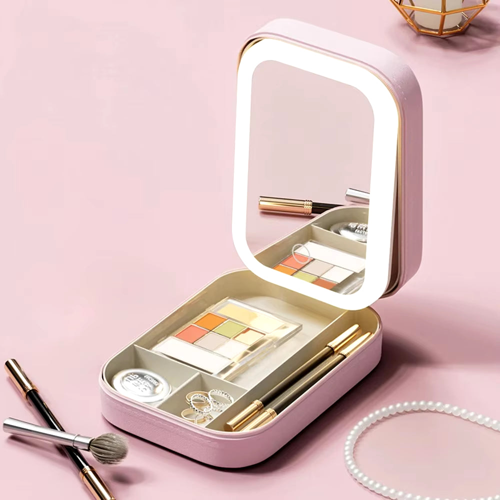 Makeup Storage Box with Led Light Mirror Portable Travel Makeup Cosmetics Jewelry Storage Box Touch Light Storage Organizer