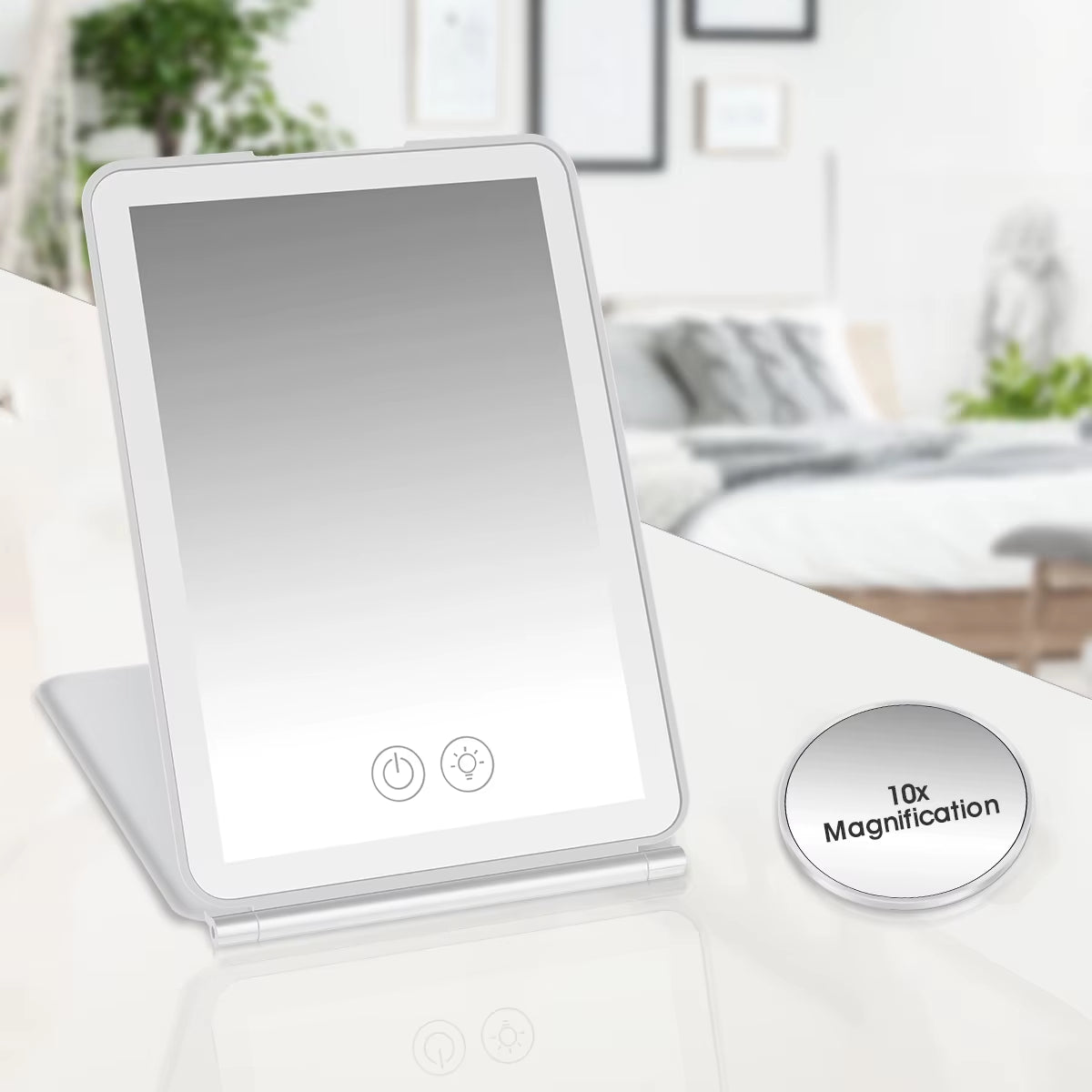 LED Makeup Mirror Cosmetic Mirrors with Light Foldable Travel Makeup Touch Screen Dimm with 10X Magnifying Detail Vanity Mirror