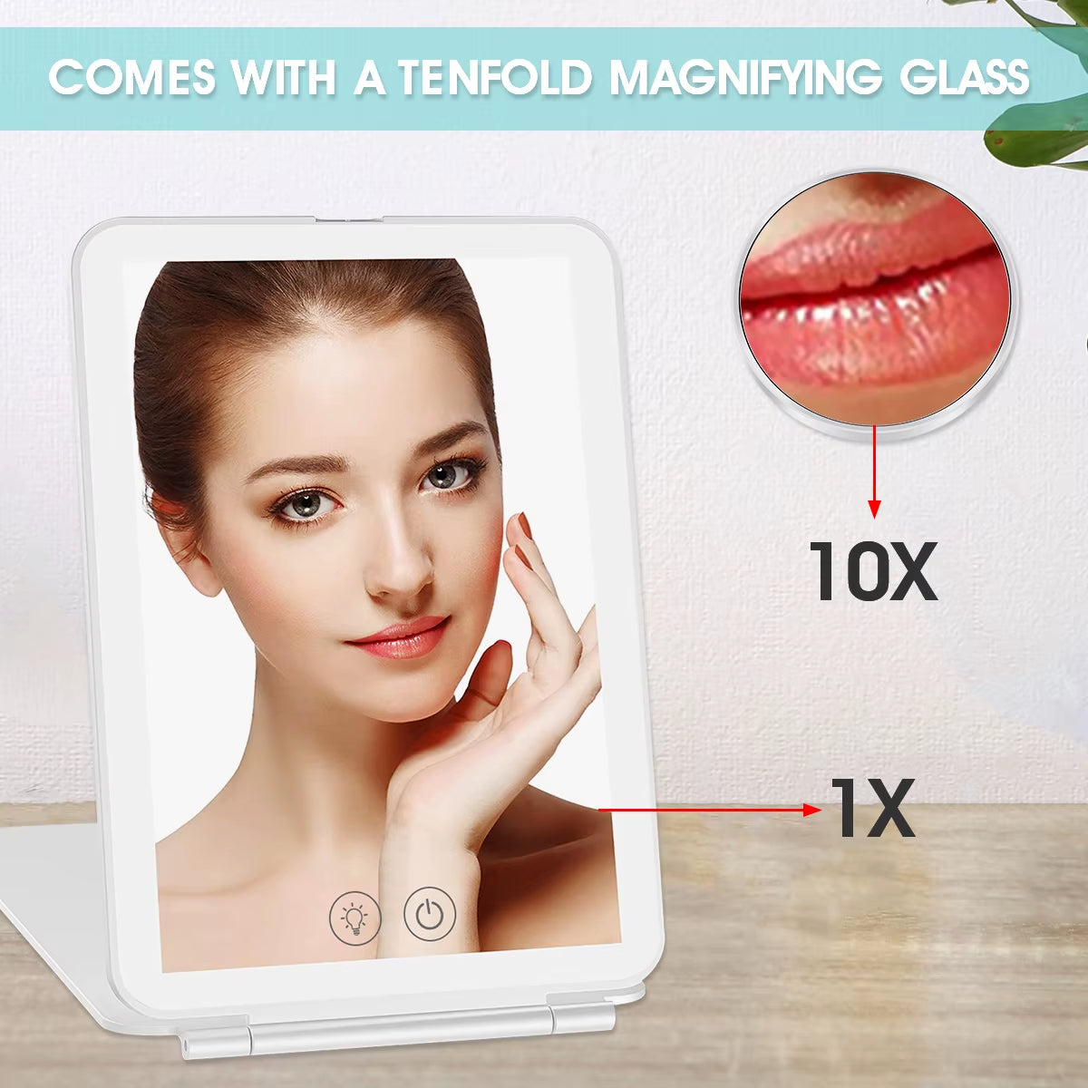 LED Makeup Mirror Cosmetic Mirrors with Light Foldable Travel Makeup Touch Screen Dimm with 10X Magnifying Detail Vanity Mirror