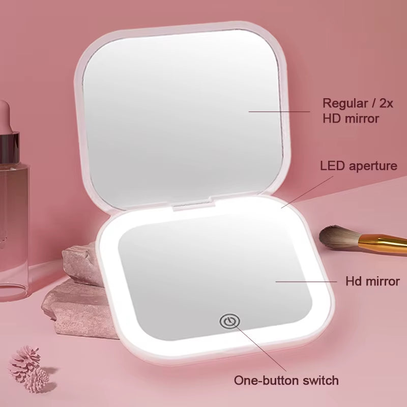 Portable Foldable Travel Mirror with LED Light, Compact Cosmetic Mirror, 10X Magnifying Mirror, 2 Sides, Beauty, round Mirror