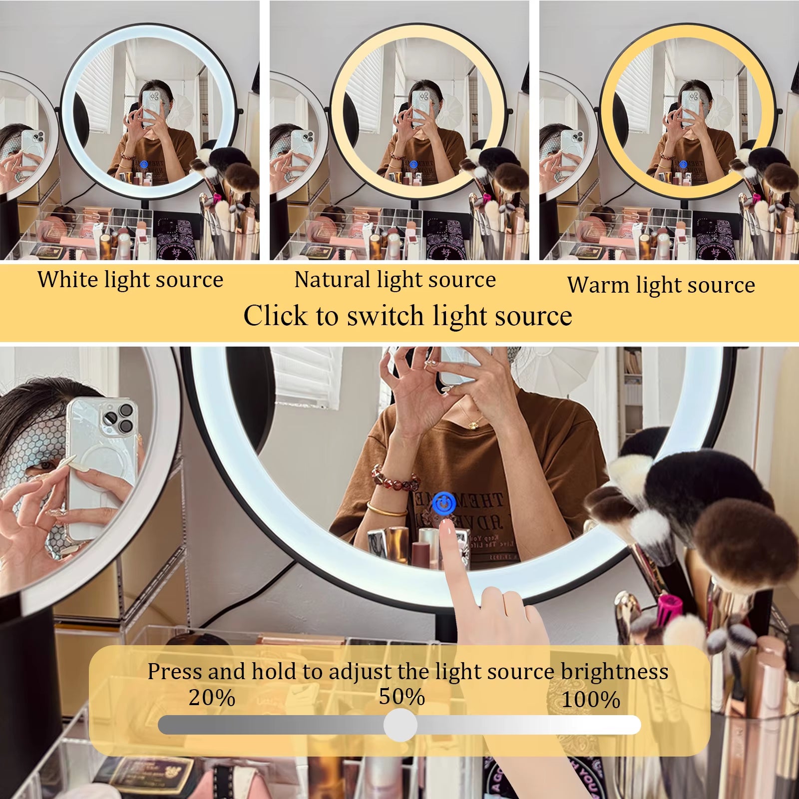 Cosmetic Makeup Mirror with Led Lights Lighted Vanity Tabletop Dimmable Multi-Color Travel Mirrors with 10X Spot Maganify Mirror