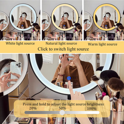 Cosmetic Makeup Mirror with Led Lights Lighted Vanity Tabletop Dimmable Multi-Color Travel Mirrors with 10X Spot Maganify Mirror