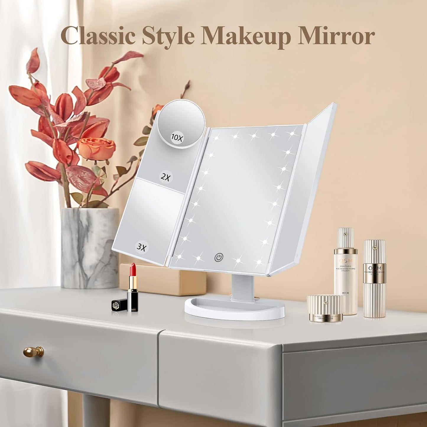 Makeup Mirror Vanity with Lights, 2X 3X 10X Magnification, Touch Control, Trifold Mirror, Dual Power Supply, Women Gift(White)