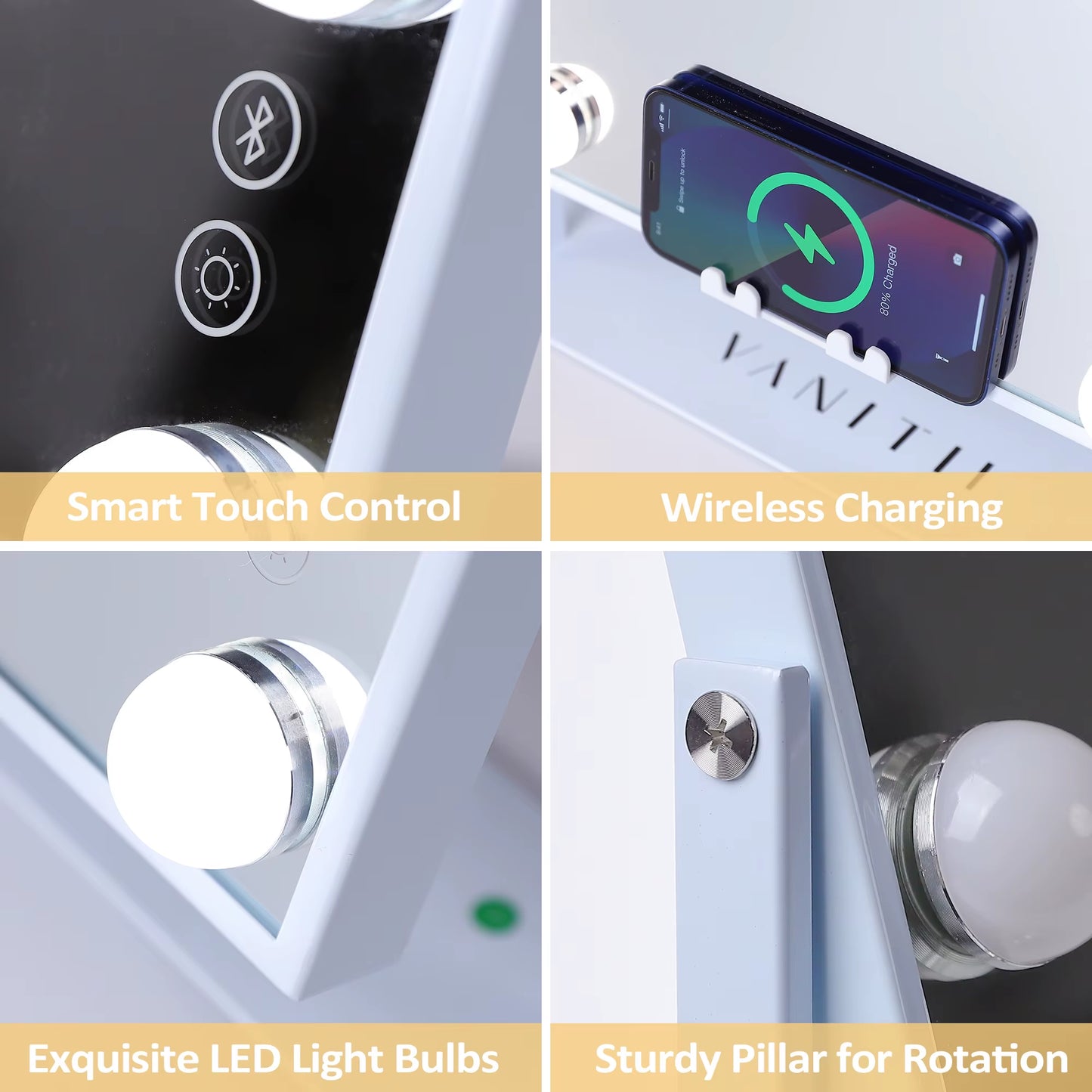 FENCHILIN White Vanity Mirror with Lights Wireless Charger Bluetooth Speaker Hollywood Makeup Mirror with 12 Dimmable Bulbs