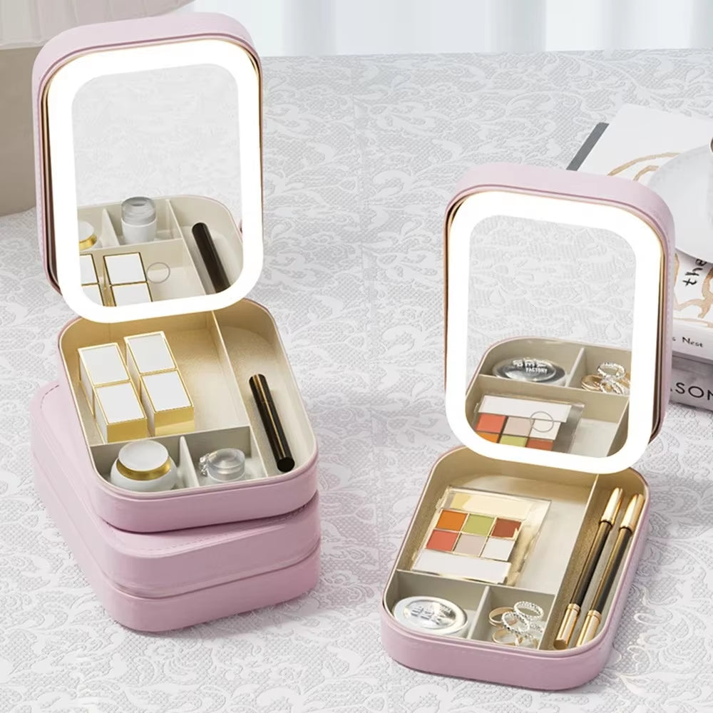 Makeup Storage Box with Led Light Mirror Portable Travel Makeup Cosmetics Jewelry Storage Box Touch Light Storage Organizer