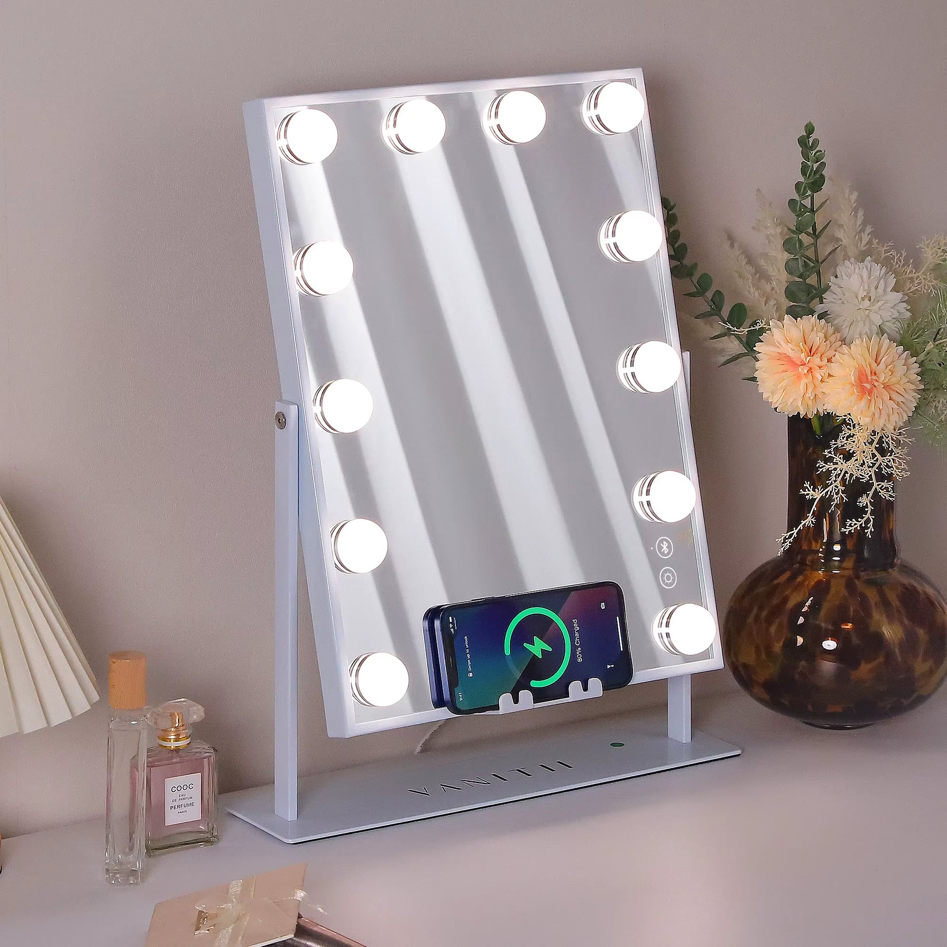FENCHILIN White Vanity Mirror with Lights Wireless Charger Bluetooth Speaker Hollywood Makeup Mirror with 12 Dimmable Bulbs