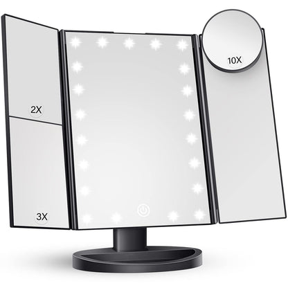 Makeup Mirror Vanity with Lights, 2X 3X 10X Magnification, Lighted Mirror, Touch Control, Trifold Dual Power Supply, Portable LED Women Gift (Black)