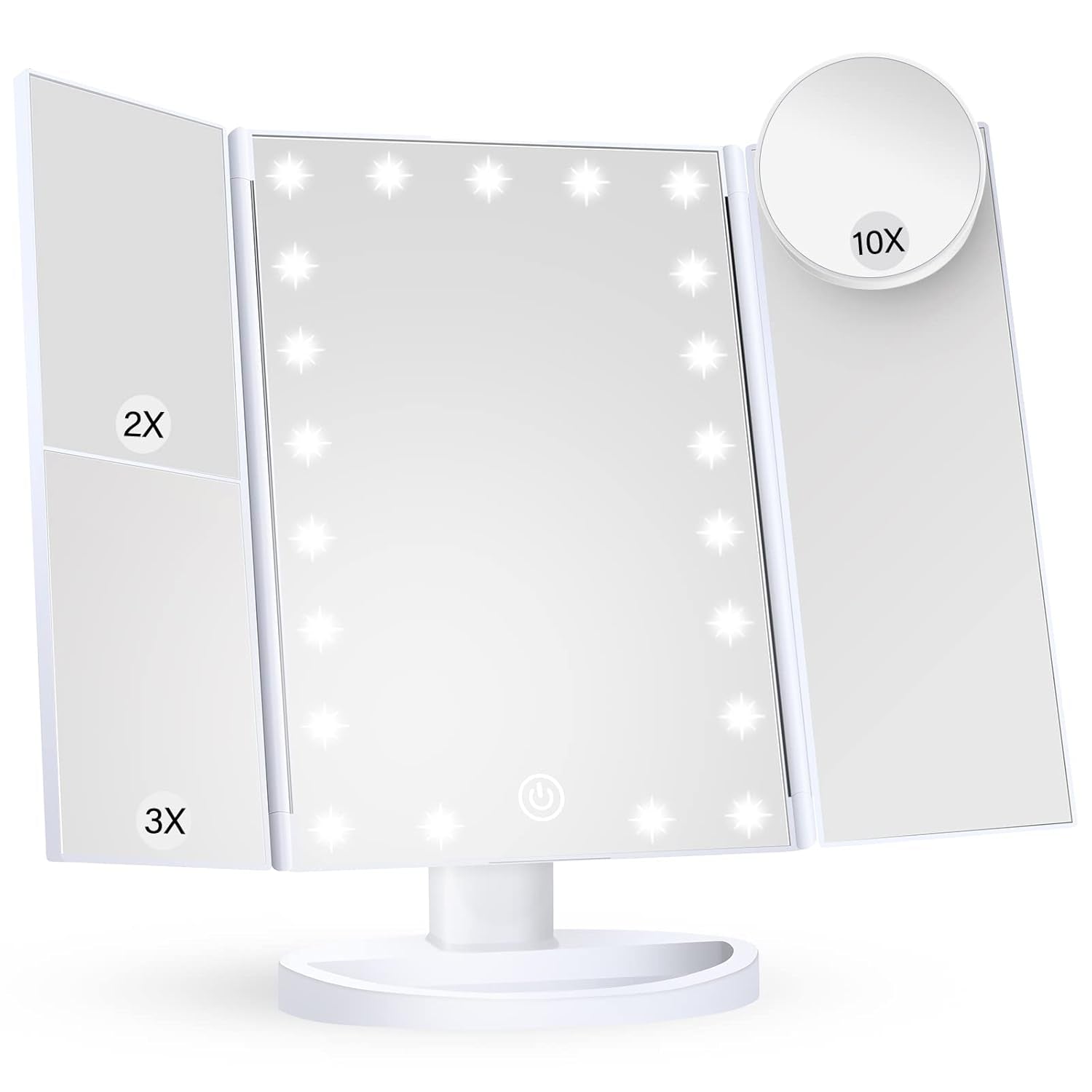 Makeup Mirror Vanity with Lights, 2X 3X 10X Magnification, Touch Control, Trifold Mirror, Dual Power Supply, Women Gift(White)