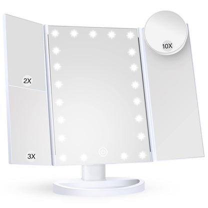 Makeup Mirror Vanity with Lights, 2X 3X 10X Magnification, Touch Control, Trifold Mirror, Dual Power Supply, Women Gift(White)