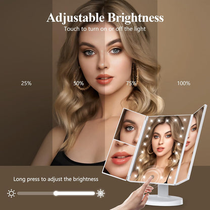 Makeup Mirror Vanity with Lights, 2X 3X 10X Magnification, Touch Control, Trifold Mirror, Dual Power Supply, Women Gift(White)