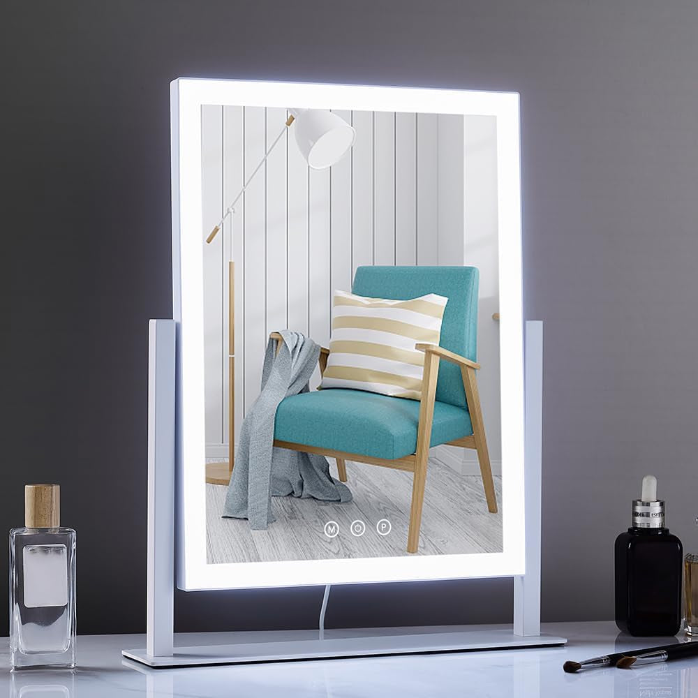 Lighted Makeup Mirror, Hollywood Vanity Mirror with Lights, Three Color Lighting Modes, and 5X Magnification Mirror, Smart Touch Control, 360°Rotation (17.3In,White,Gift Box)