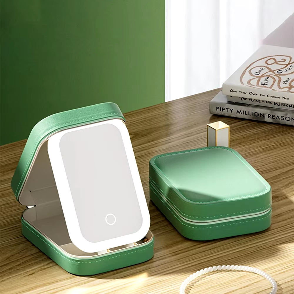 Makeup Storage Box with Led Light Mirror Portable Travel Makeup Cosmetics Jewelry Storage Box Touch Light Storage Organizer