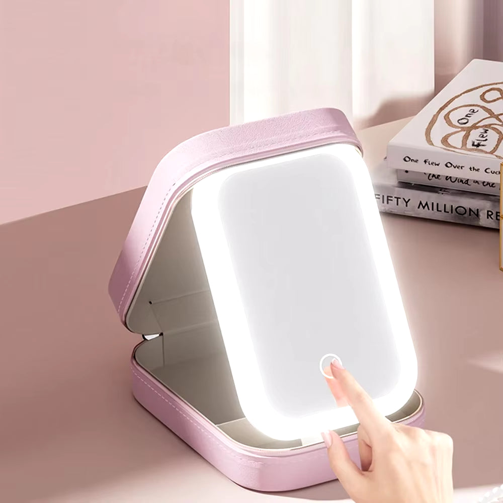 Makeup Storage Box with Led Light Mirror Portable Travel Makeup Cosmetics Jewelry Storage Box Touch Light Storage Organizer