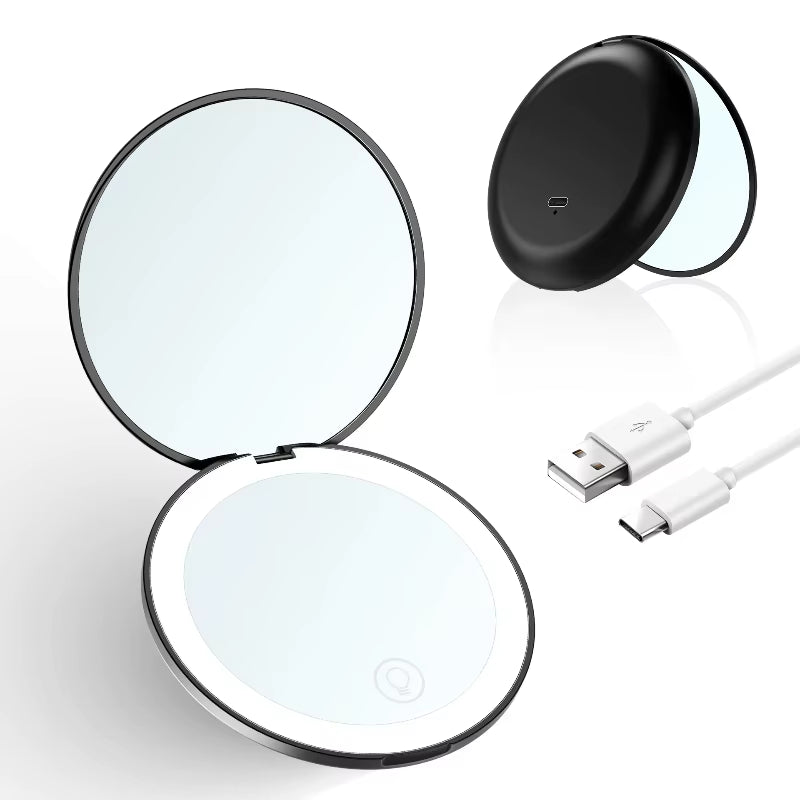 Mini Portable Folding Travel Mirror LED Light Makeup Mirror Compact Mirror 10X Magnification 2-Sided Beauty Makeup round Mirror