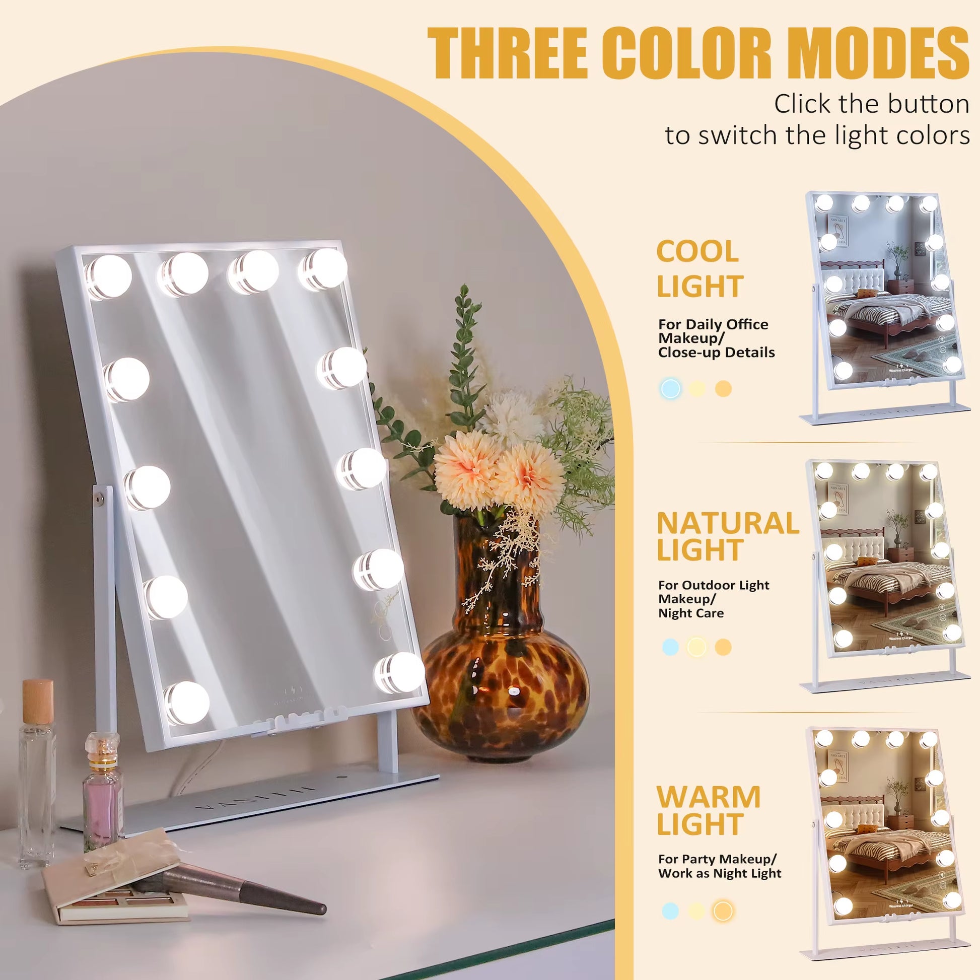 FENCHILIN White Vanity Mirror with Lights Wireless Charger Bluetooth Speaker Hollywood Makeup Mirror with 12 Dimmable Bulbs