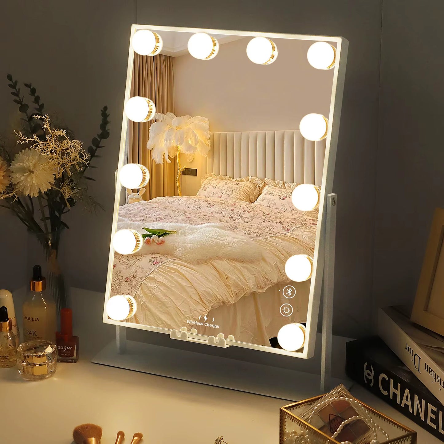 FENCHILIN White Vanity Mirror with Lights Wireless Charger Bluetooth Speaker Hollywood Makeup Mirror with 12 Dimmable Bulbs