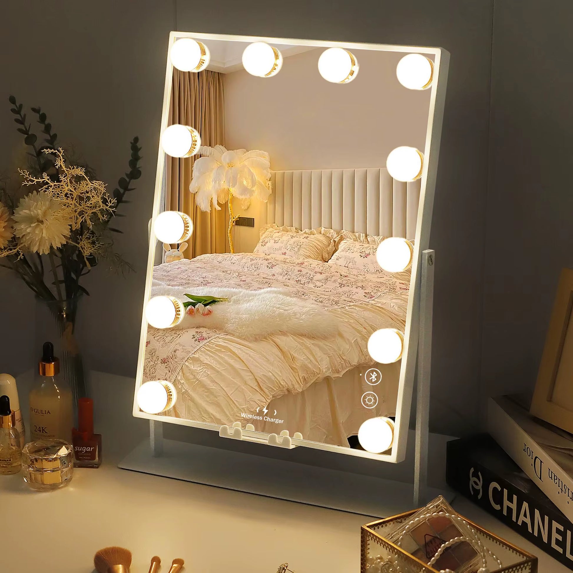 FENCHILIN White Vanity Mirror with Lights Wireless Charger Bluetooth Speaker Hollywood Makeup Mirror with 12 Dimmable Bulbs