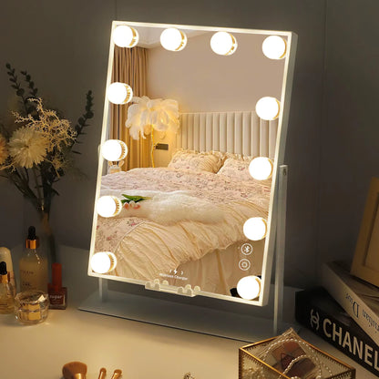FENCHILIN White Vanity Mirror with Lights Wireless Charger Bluetooth Speaker Hollywood Makeup Mirror with 12 Dimmable Bulbs