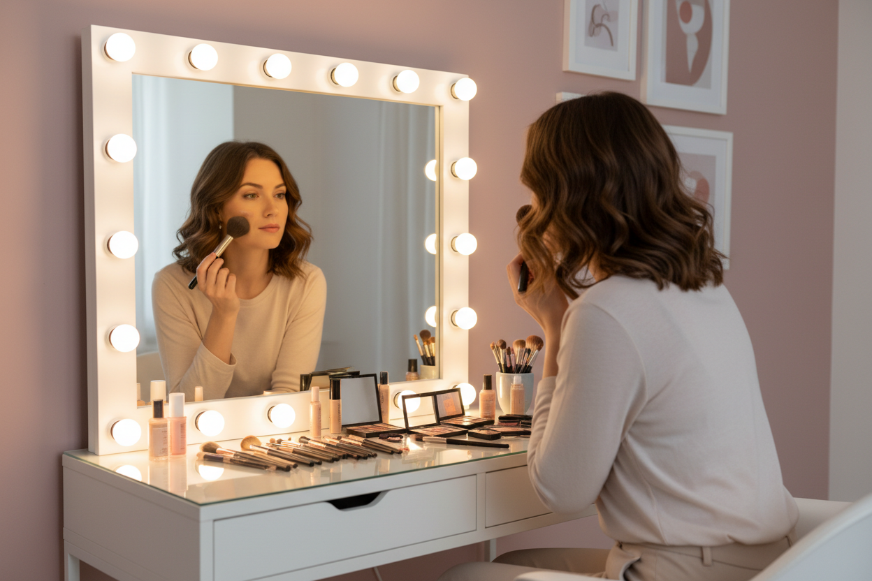 kvinna som använder smink spegel med lampor